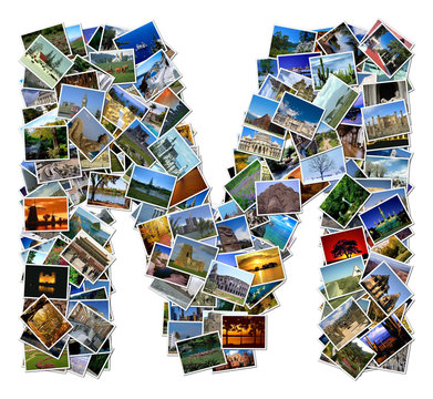 All over the world photo font M with 210 original pictures