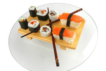 maki and sashimi sushi on plate