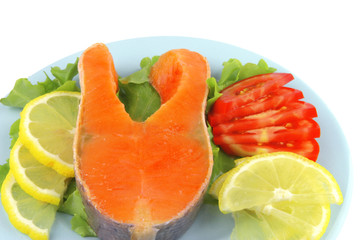 salmon steak on blue dish