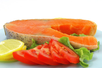salmon steak on blue dish