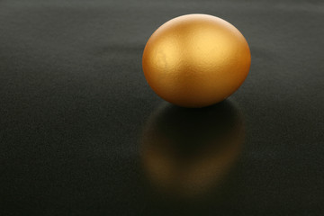Gold egg and its reflexion against a dark background