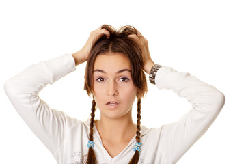 woman with braids in shock holding his head, isolated on white