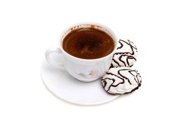 cup of coffee and marshmallows in chocolate Isolated on white