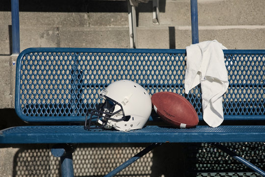 Football Helmet on a bench