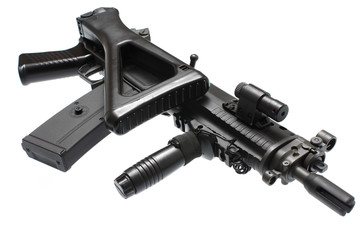 An assault rifle with a folding stock.