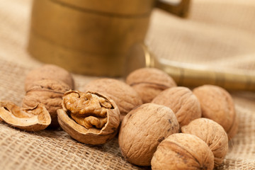 walnuts laying on jute