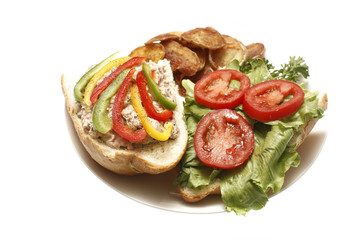 A tuna salad sandwich with potato chips.