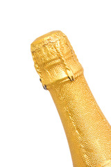 Neck of champagne bottle over white background