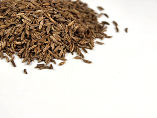 Seeds of caraway on white background