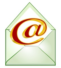 E-mail symbol, opened envelope with 3d at red golden sign
