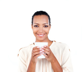 Charming businesswoman holding a drinking cup