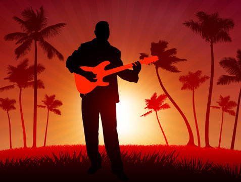 Guitar player on tropical sunset background
