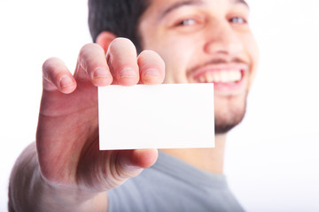 Holding up business card