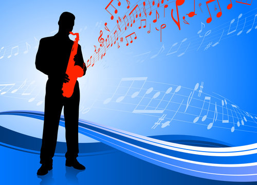 Saxophone player on blue abstract background