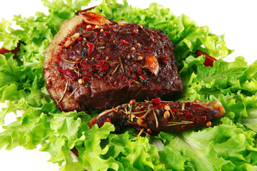 served steak with raw salad