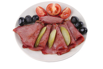 sliced served sausage with salted cucumber