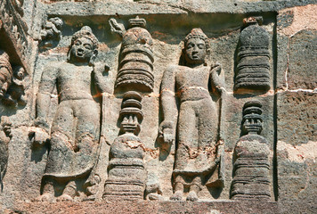 Stone sculptures on the  Buddhist R temples at Ajanta