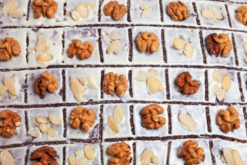 A delicious christmas cake with nuts.