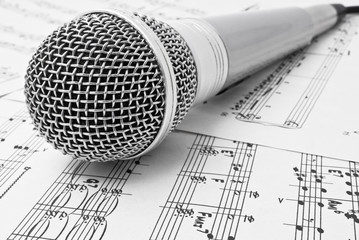 classical microphone on sheet of notes