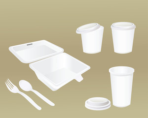 food container,plastic spoon,fork and cup