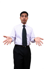 An expressive Indian male in a bewildered gesture.