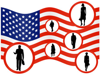 Illustration of businesspeople and flag