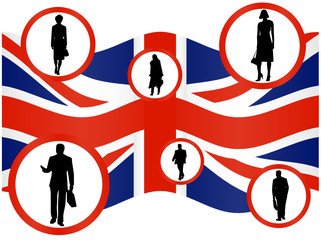 Illustration of businesspeople and flag