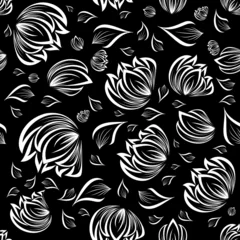 Abwaschbare Fototapete Blumen schwarz und weiß nahtloses Blumenmuster