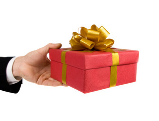 Hand extending fancy box. Isolated on white background.