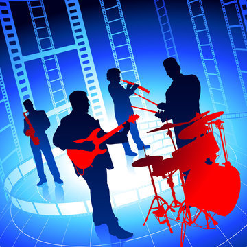 Live Music Band on Film Reel Background
