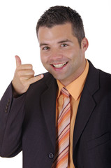 Mann gibt mit Hand Telefon Zeichen