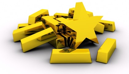 Gold bars and golden star on white background..