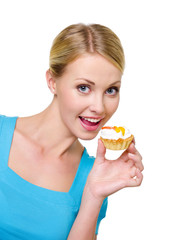 happy woman holding sweet cake on a white background