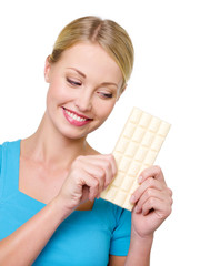 woman wishes to eat a tile of  chocolate