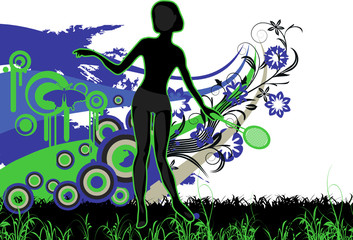 Grunge floral tennis player with space for text