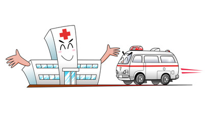 救急車と病院のキャラクター © Kamiya Ichiro