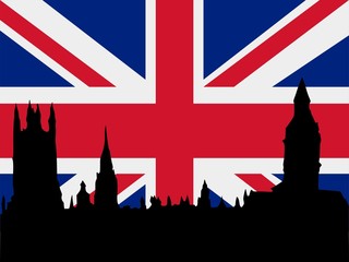 Fototapeta na wymiar silhouette of London on United Kingdom flag background