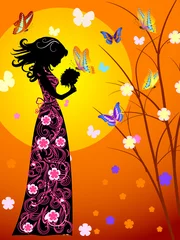 Cercles muraux Femme fleurs fille et papillon