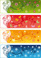 Four Seasons Banners with girl. vector