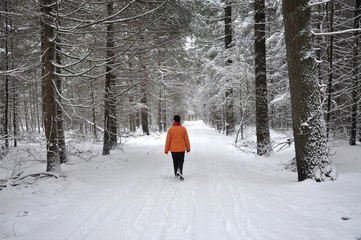 Senior woman strawling in the winter forest