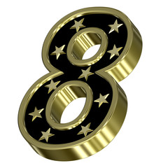 Gold-black digit with stars isolated on white.
