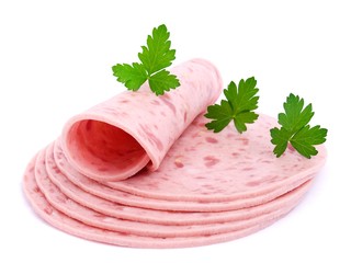 Slices of sausage, parsley on a white background