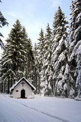 Kapelle im verschneiten Wald