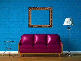 Purple couch, table  and standard lamp with frame