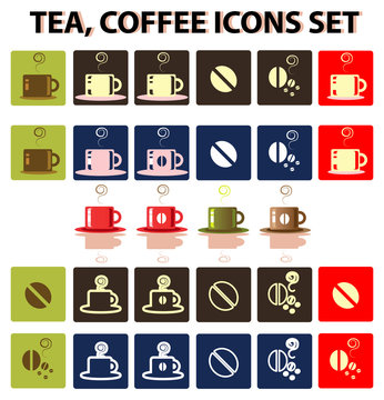 Vector cup of coffee, tea icons set, cafe design background, dri