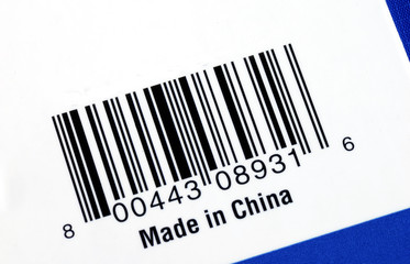 Barcode of the product made in China isolated on blue