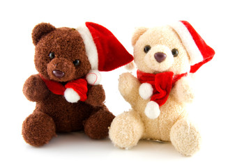 Two stuffed christmas bears over white background