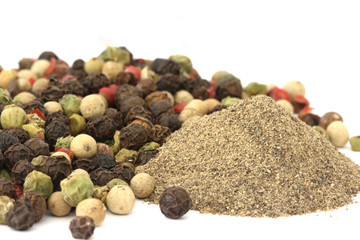 Pepper corn - red, white and black - whole and crushed