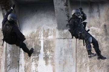 SWAT officers in full tactical gear. - obrazy, fototapety, plakaty