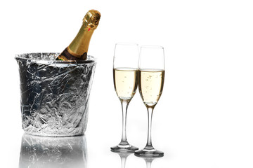 Champagne flutes and ice bucket